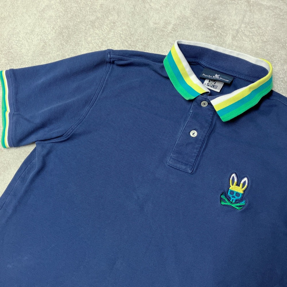 Psycho Bunny Polo Shirt Logo Navy Blue Striped Collar Peru Mens Size 5 L